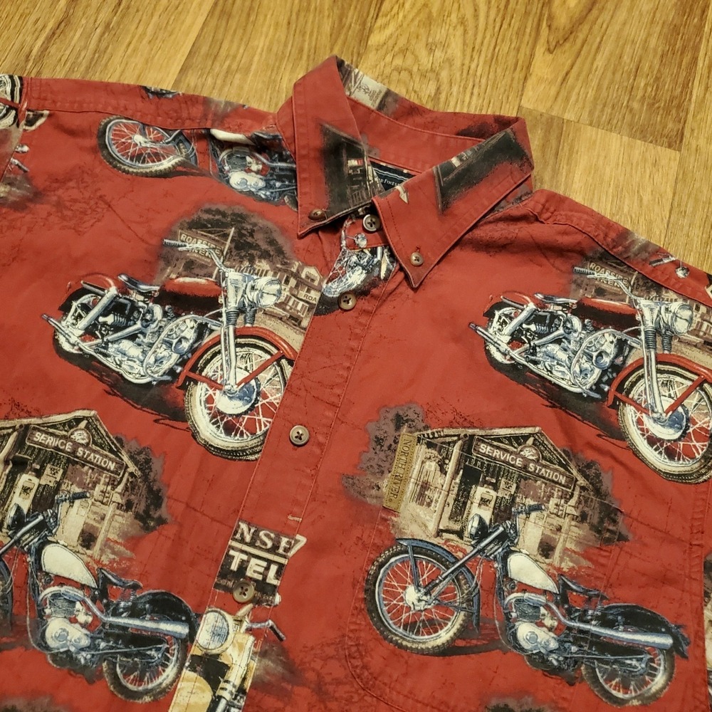 Vintage 90s North River Motorcycle Shirt Men Medium Red Button Down Harley